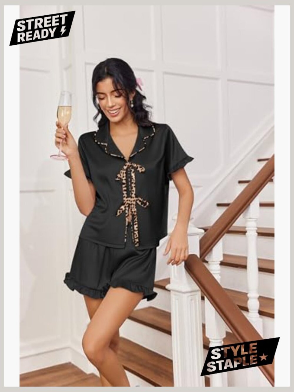 Short Sleeve Bow Tie Pajama Set - Silky Satin Pj Shorts Loungewear - Picture 5 of 7